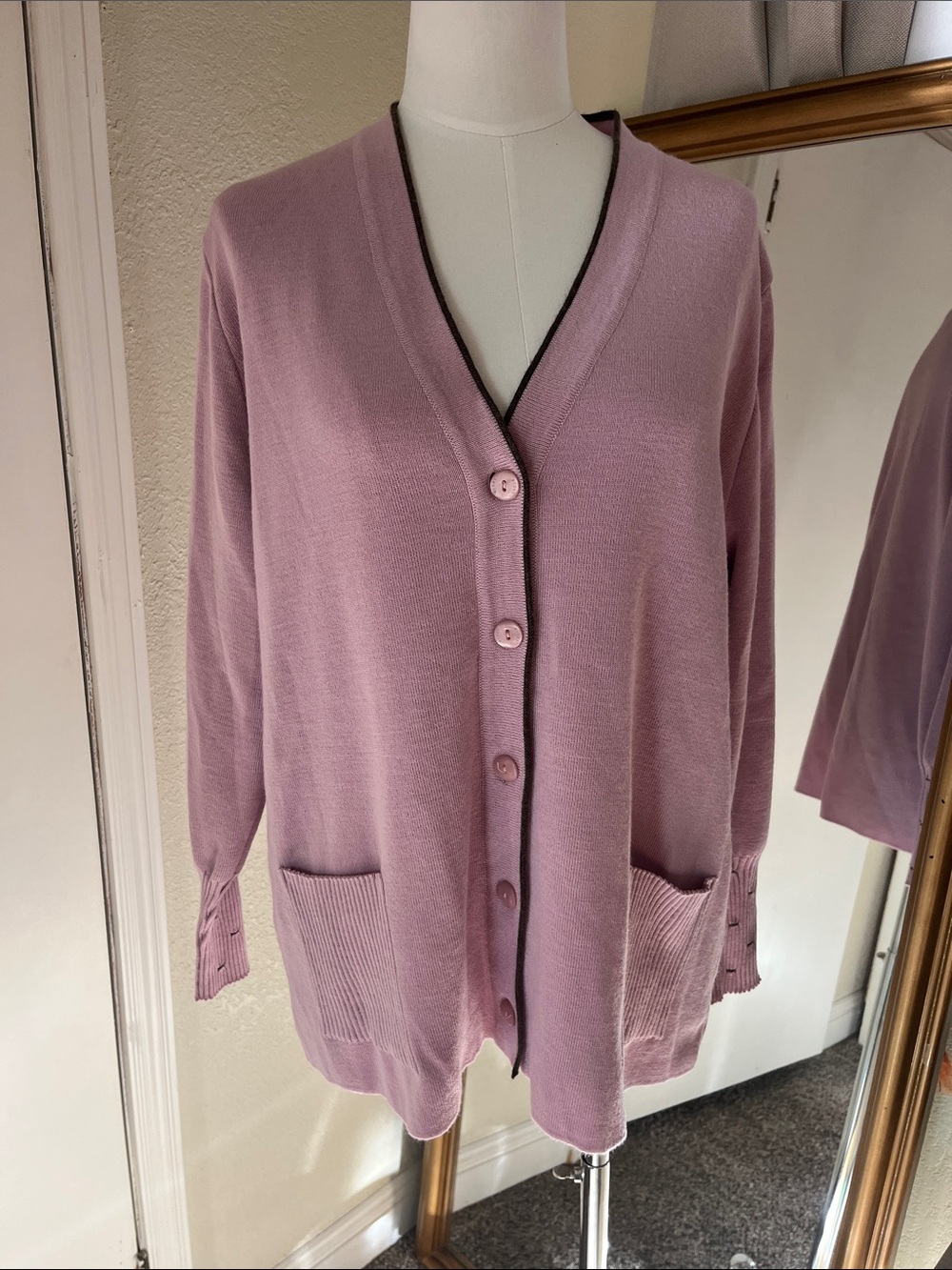 Soft Mauve V-Neck Button Cardigan Sweater with Brown accents